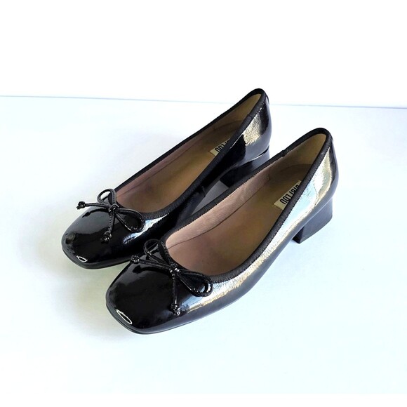 Anthropologie BIBI LOU Black Patent Leather Heeled Ballet Pumps Sz 39 Bow - Picture 2 of 14